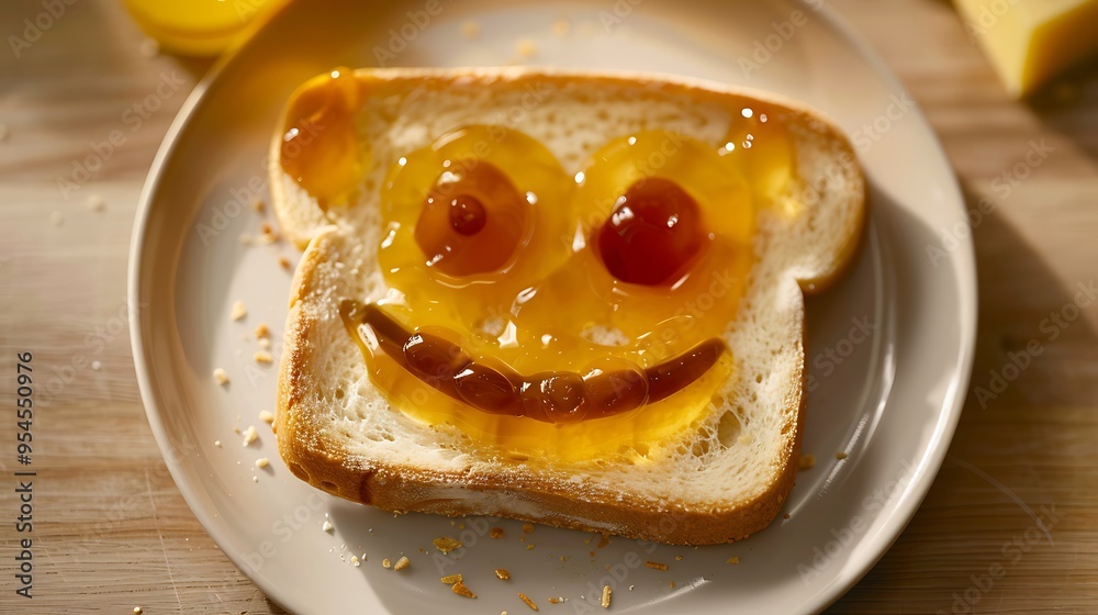 Breakfast with jelly shaped like an emoticon of a smiling face made of warm bread Breakfast with jelly shaped like an emoticon of a smiling face made of warm bread