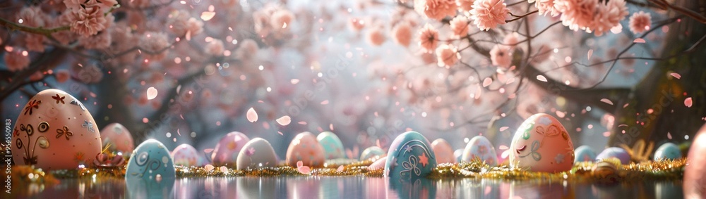 A transparent acrylic podium with floating Easter eggs of various sizes and colors. A transparent acrylic podium with floating Easter eggs of various sizes and colors.