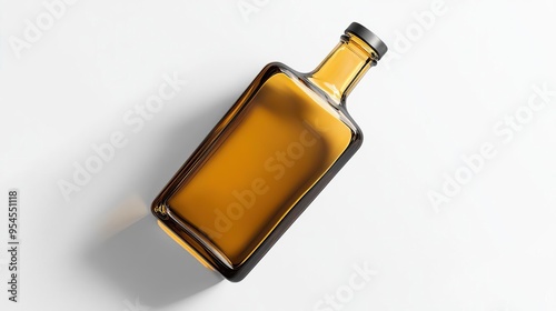 A glass bottle filled with amber liquid, likely for beverages or oils.