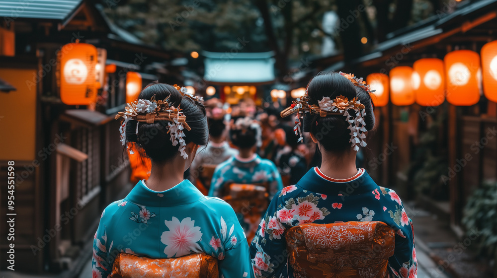 Obraz premium Two women wearing kimonos walk down a street with lanterns