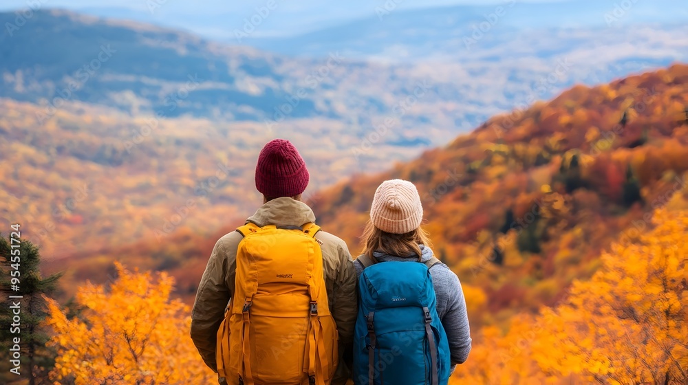 Couple Enjoying Scenic Autumn Hiking Adventure in Mountainous Landscape Couple Enjoying Scenic Autumn Hiking Adventure in Mountainous Landscape