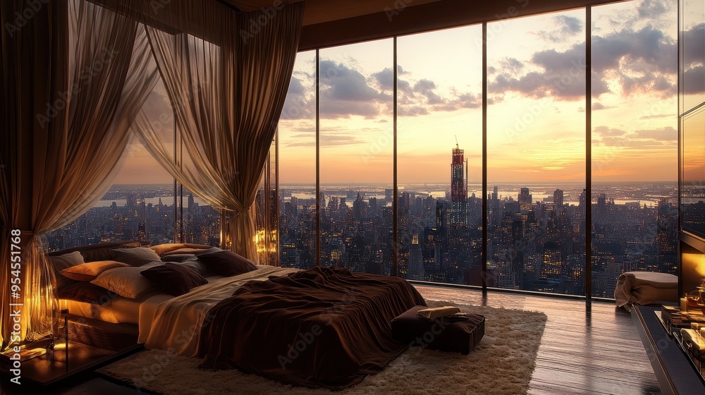 Fototapeta premium Luxury Bedroom with Cityscape View