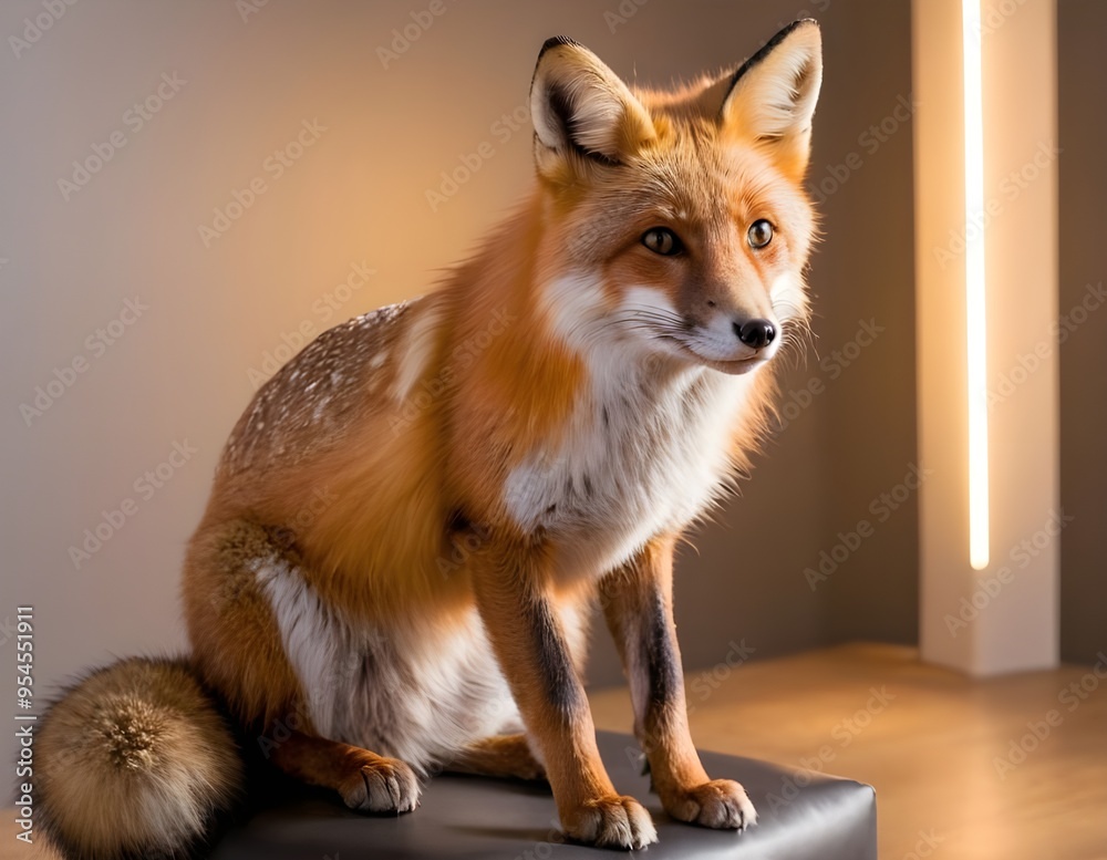 Fototapeta premium A red fox sitting gracefully against a neutral background, showcasing its striking fur