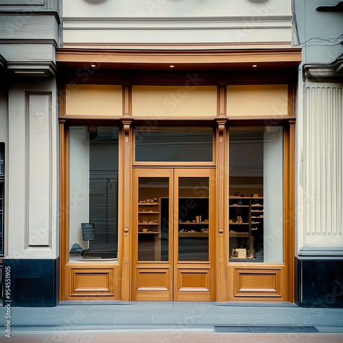 Shop front mockup, small store facade template for branding and business presentation, view of big window in European street