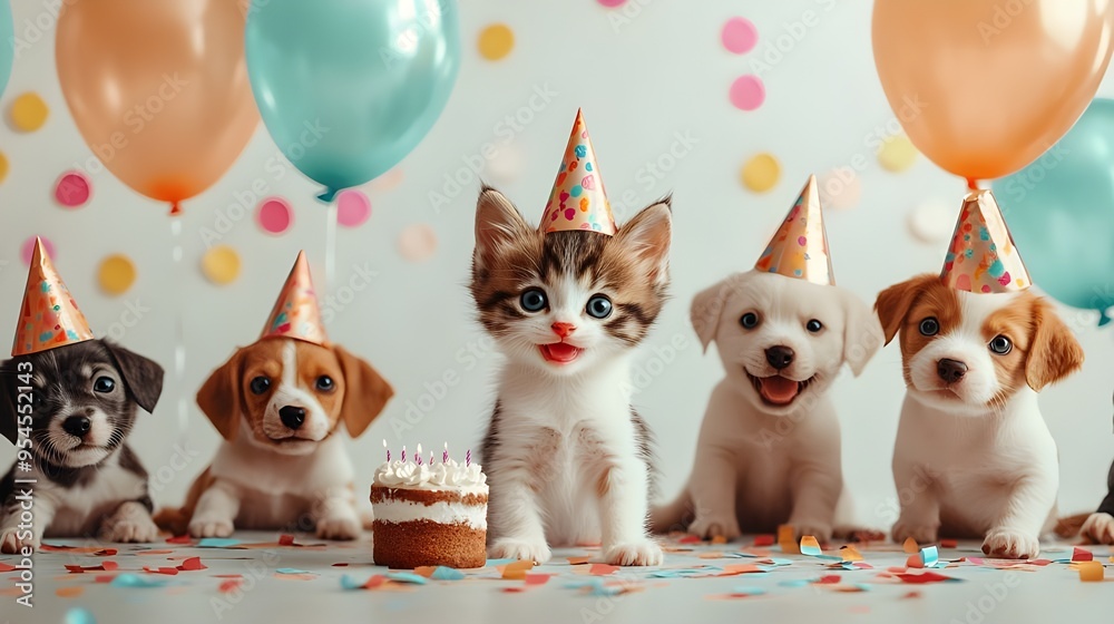 Cat and dog having a birthday party together. Cute kitten and dog sitting at table with birthday cake, party hats, room is decorated with colorful balloons, creating a festive and joyful atmosphere. Cat and dog having a birthday party together. Cute kitten and dog sitting at table with birthday cake, party hats, room is decorated with colorful balloons, creating a festive and joyful atmosphere.