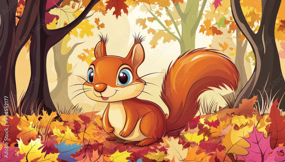 Fototapeta premium A cheerful cartoon squirrel sits among colorful autumn leaves in a vibrant forest setting.