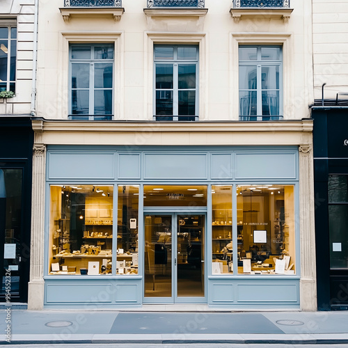 Shop front mockup, small store facade template for branding and business presentation, view of big window in European street