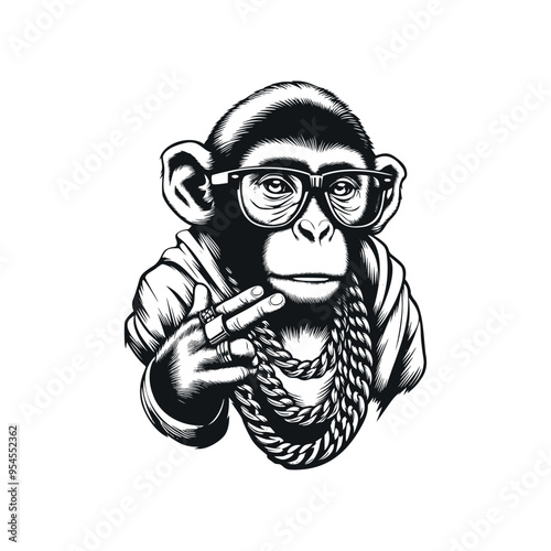 illustration of monkey wearing glasses and gold necklace in black and white vintage style, hiphop monkey illustration