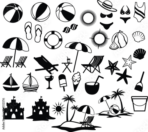 Summer Theme Icons Set Bundle Illustration, Island Vibes Cut File, Beach Icons Stencil, Vacation Vector, Tropical Clipart