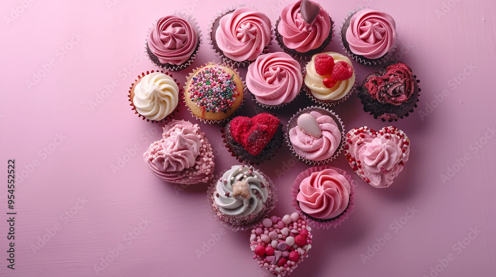 A collection of Valentine's Day-themed cupcakes arranged in a heart shape, each decorated with different icing designs and sprinkles, placed on a pastel-colored background. A collection of Valentine's Day-themed cupcakes arranged in a heart shape, each decorated with different icing designs and sprinkles, placed on a pastel-colored background.