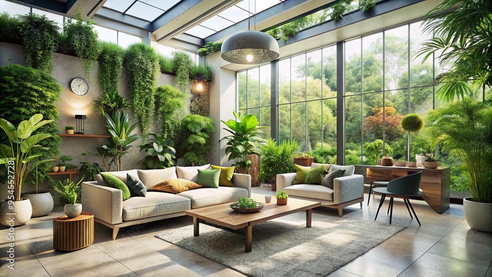 A chic haven combines a verdant indoor garden with modern furniture, bathing the space in natural light for A chic haven combines a verdant indoor garden with modern furniture, bathing the space in natural light for