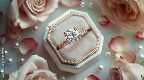 A flat lay of a classic solitaire diamond engagement ring placed on a soft velvet ring box, surrounded by scattered rose petals and tiny pearls on a white marble surface. photo