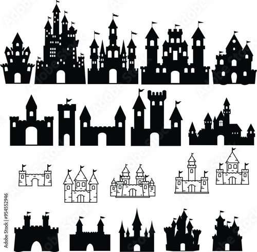 Castle Set Bundle Illustration, Empire Cut File, Palace Stencil, Silhouette Structure Vector, Building Clipart