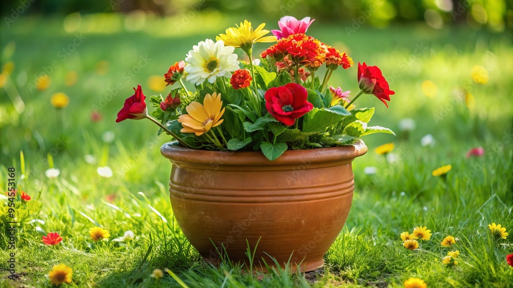 A clay pot filled with dirt and vibrant flowers - red, yellow, and white - sits serenely in A clay pot filled with dirt and vibrant flowers - red, yellow, and white - sits serenely in