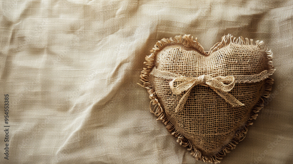 A flat lay of a rustic burlap fabric heart with frayed edges, placed on a soft linen background. The heart is adorned with a small lace ribbon tied into a bow, adding a touch of vintage charm. A flat lay of a rustic burlap fabric heart with frayed edges, placed on a soft linen background. The heart is adorned with a small lace ribbon tied into a bow, adding a touch of vintage charm.