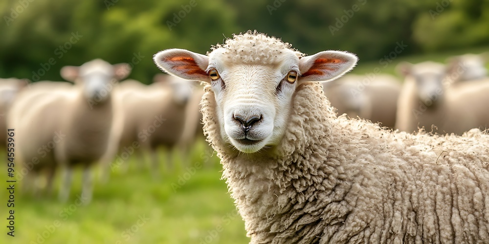 A close-up of a sheep's face, with a blurred background of other sheep and green grass. The sheep has fluffy white wool, brown ears, and a curious expression. A close-up of a sheep's face, with a blurred background of other sheep and green grass. The sheep has fluffy white wool, brown ears, and a curious expression.