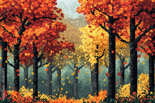 A vibrant autumn forest scene with colorful trees and falling leaves, evoking a sense of tranquility and nature's beauty.