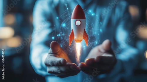 Digital Innovation: Businessman Holding Rocket Representing Leadership and Growth photo