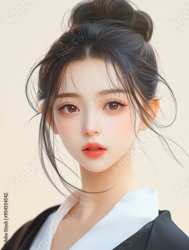 A charming Chinese beauty dons a white shirt and black windbreaker, radiating warmth with her serene style and ancient bun.