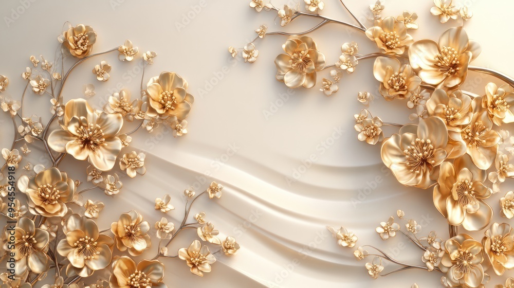 A 3D illustration of beautiful golden flowers and branches on a light background. Ideal for a postcard A 3D illustration of beautiful golden flowers and branches on a light background. Ideal for a postcard