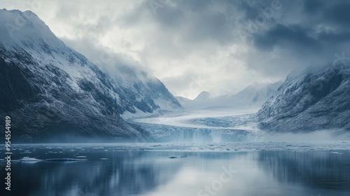 A frozen landscape with a glacier towering over a silent fjord Generstif AI