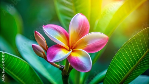 A delicate champa flower stands out against a soft, blurred green background, its petals a gentle shade of