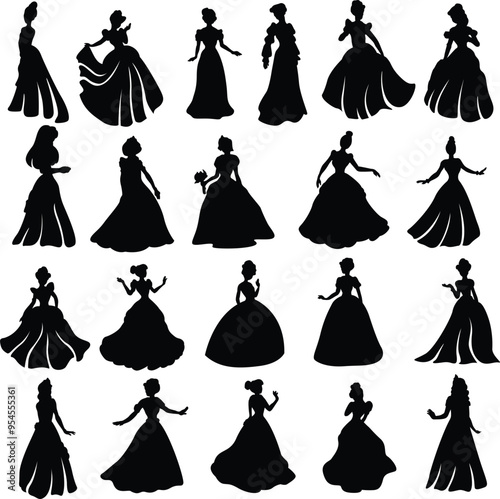 Princess Set Bundle Illustration, Evening Gown Cut File, Fairytales Stencil, Long Gown Vector, Silhouette Ladies Clipart