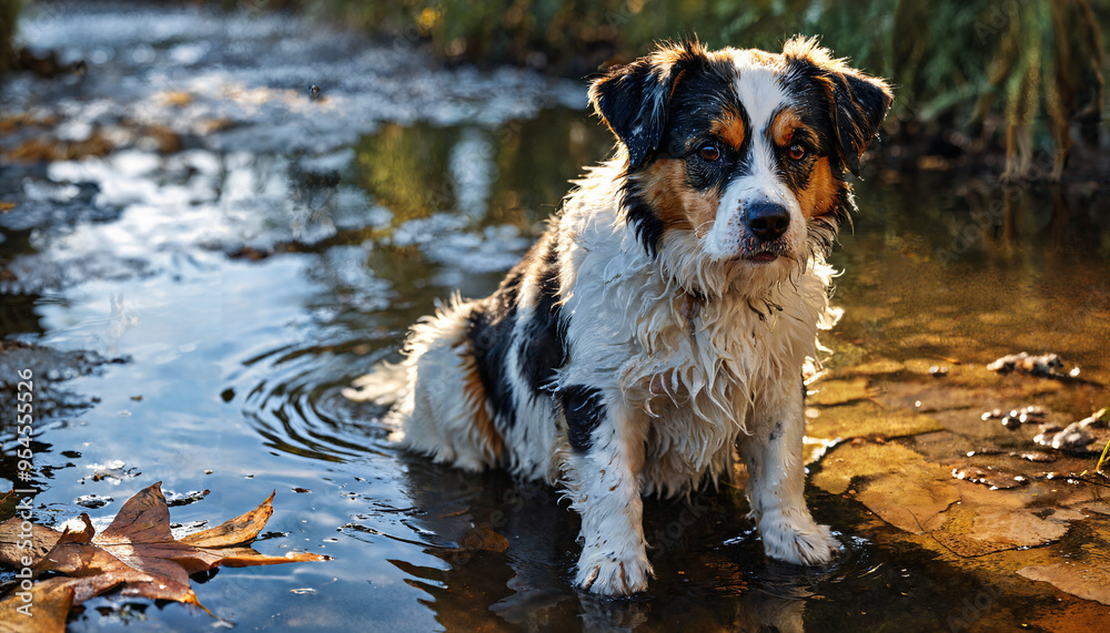Chien jouant dans une flaque d'eau au coucher du soleil Chien jouant dans une flaque d'eau au coucher du soleil