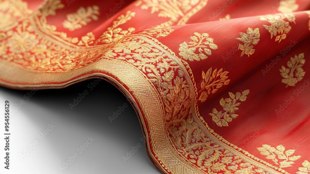 A luxurious red fabric with intricate gold embroidery, ideal for traditional attire. A luxurious red fabric with intricate gold embroidery, ideal for traditional attire.