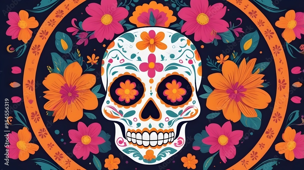 Vibrant dia de los muertos skull with bright floral background Vibrant dia de los muertos skull with bright floral background