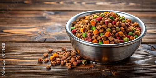 A delicious and nutritious pet food bowl sits on a rustic wooden surface, ready to nourish your furry