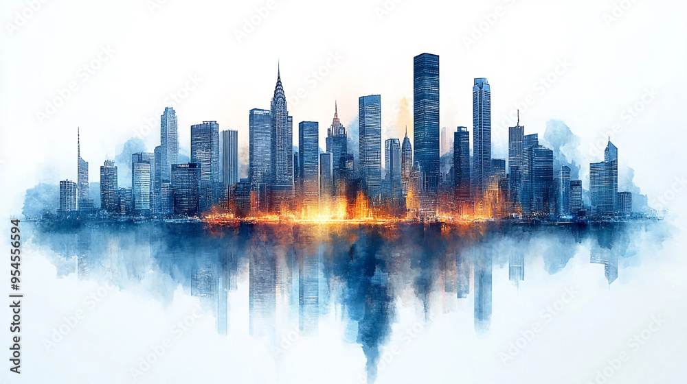 Stunning skyline with vibrant colors reflecting on the water, creating a dramatic urban landscape in a modern city. Stunning skyline with vibrant colors reflecting on the water, creating a dramatic urban landscape in a modern city.