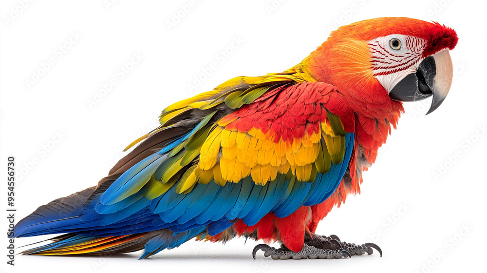 Obraz premium Vibrant scarlet macaw showcasing its stunning plumage in a colorful display, perfect for nature and wildlife enthusiasts.