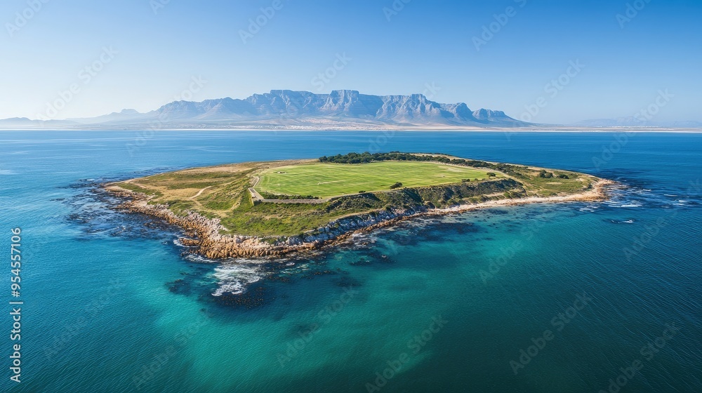 Obraz premium Aerial shot of the historic Robben Island, with its isolated shores and surrounding turquoise waters