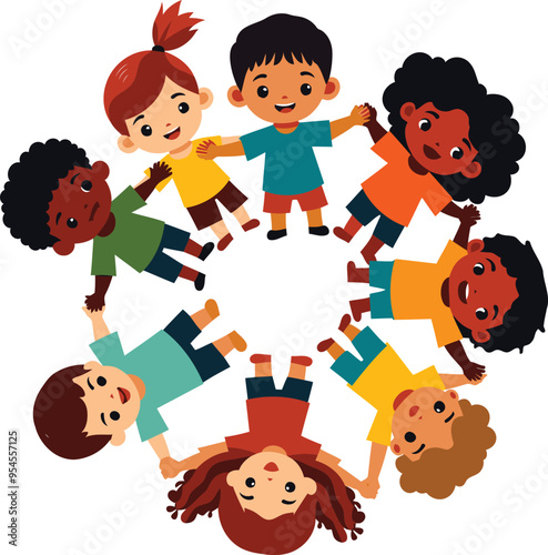 Flat Vector Illustration  Of Diverse Group Kids Playing Together Joyful and Inclusive Scene Isolated On White Background, Created with Generative AI