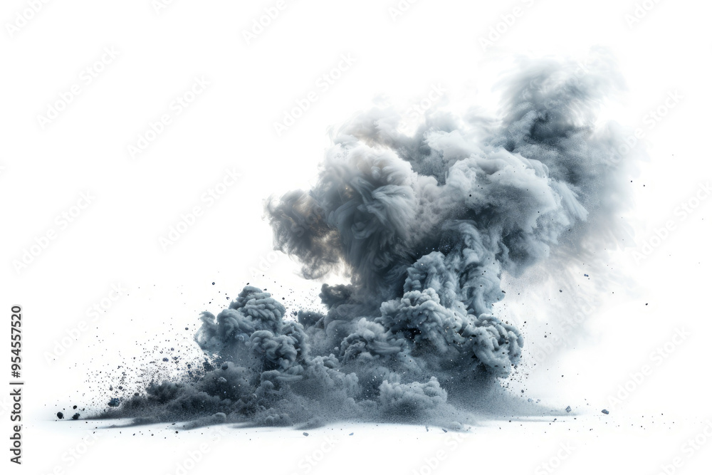 A dramatic cloud of smoke and debris bursting forth, creating an abstract pattern on a white canvas. A dramatic cloud of smoke and debris bursting forth, creating an abstract pattern on a white canvas.