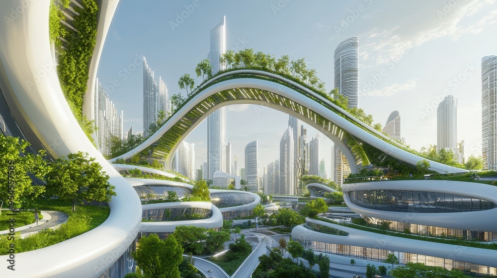 Fototapeta premium Futuristic Cityscape with Green Architecture and Modern Buildings