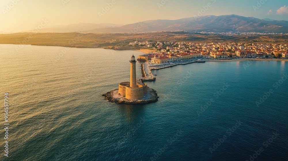 Aerial shot of the Venetian harbor of Chania, Crete, with its iconic lighthouse and scenic waterfront Aerial shot of the Venetian harbor of Chania, Crete, with its iconic lighthouse and scenic waterfront