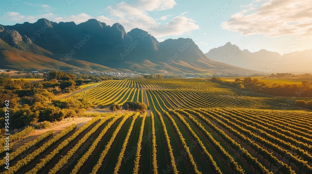 Fototapeta premium Aerial shot of the vibrant vineyards in Stellenbosch, with neat rows of grapevines and surrounding mountains