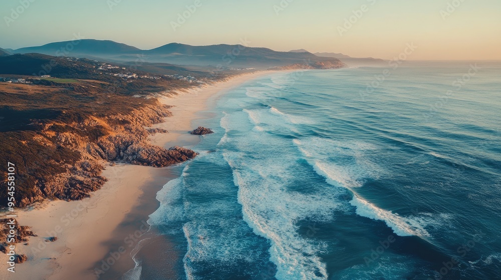Aerial shot of the wide sandy beaches and rocky promontories of Plettenberg Bay, with ocean waves lapping the shore Aerial shot of the wide sandy beaches and rocky promontories of Plettenberg Bay, with ocean waves lapping the shore