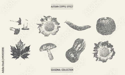 Autumn Stipple trendy photocopy Art Featuring Seasonal Vegetables and Foliage