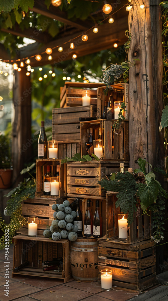 A DIY podium made from stacked wine crates, with a rustic, vineyard-inspired design, set in a cozy, wine cellar-themed space with warm lighting. A DIY podium made from stacked wine crates, with a rustic, vineyard-inspired design, set in a cozy, wine cellar-themed space with warm lighting.