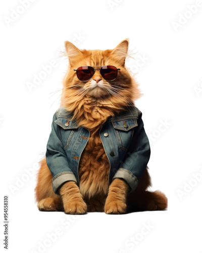 Cat with sunglasses and a tropical shirt, sitting in a cool pose. Suitable for summer backgrounds, pet products, or tropical themes