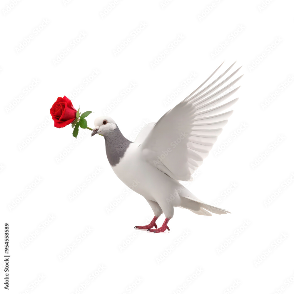 Fototapeta premium A white dove flying and holding a red rose in its beak symbolizes love and peace. Ideal for romantic themes