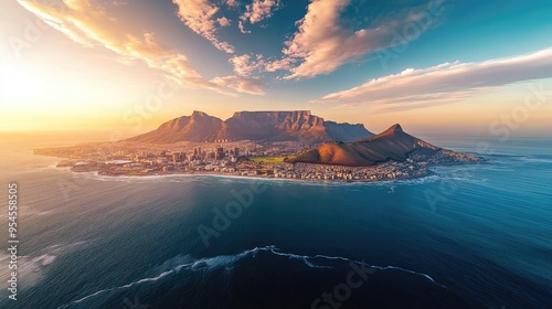 Aerial view of Table Mountain with the city of Cape Town below, the ocean meeting the horizon in the distance photo