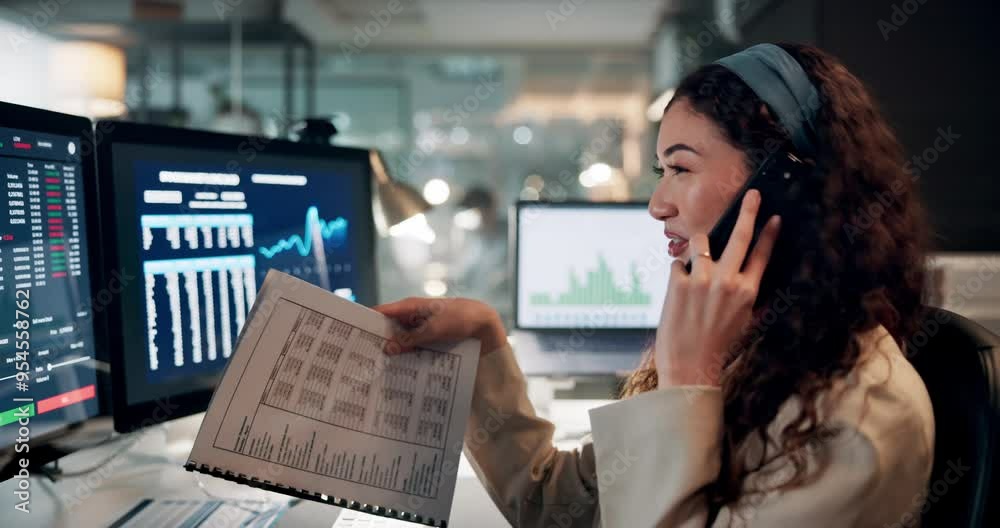 Trading, charts and woman with phone call in office for investment, review and client update. Digital currency, portfolio and investor with tech in discussion for crypto mining, blockchain and growth