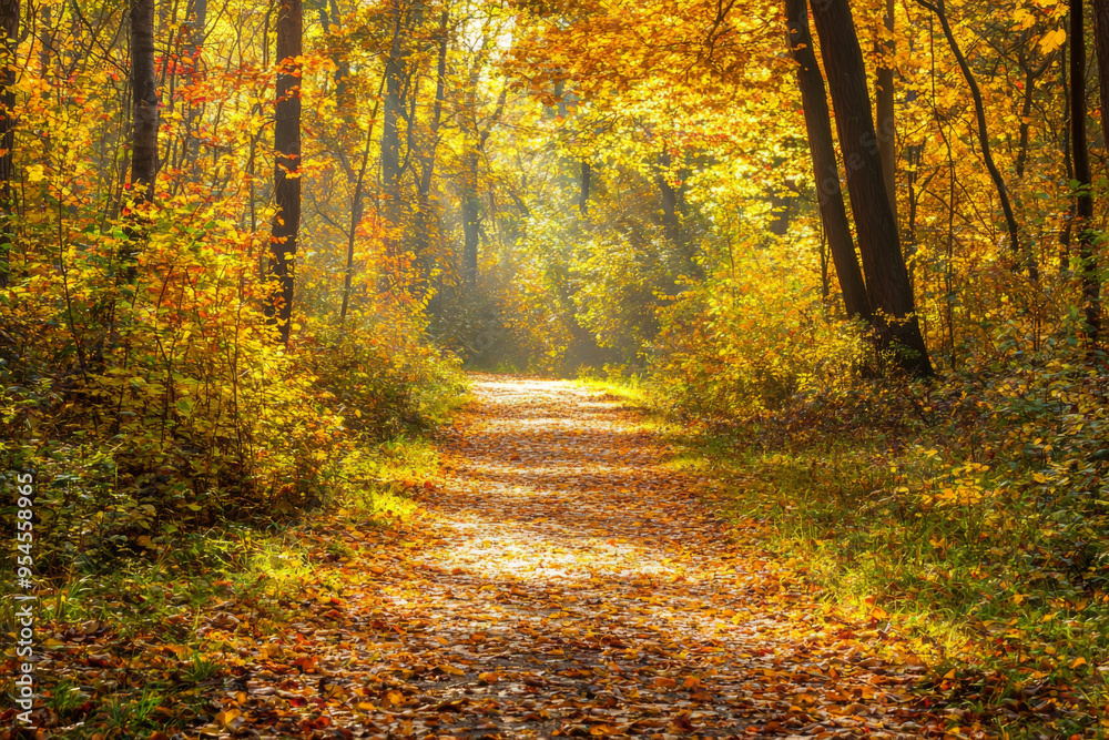 A serene autumn path illuminated by sunlight, surrounded by colorful trees and fallen leaves, inviting a peaceful stroll.