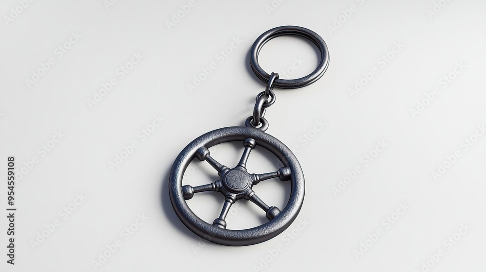 A metallic keychain shaped like a ship's wheel, designed for decorative or practical use. A metallic keychain shaped like a ship's wheel, designed for decorative or practical use.
