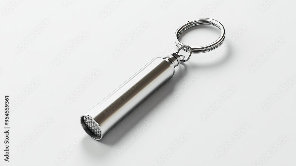 A metallic keychain with a cylindrical design, likely used for holding keys or small items. A metallic keychain with a cylindrical design, likely used for holding keys or small items.