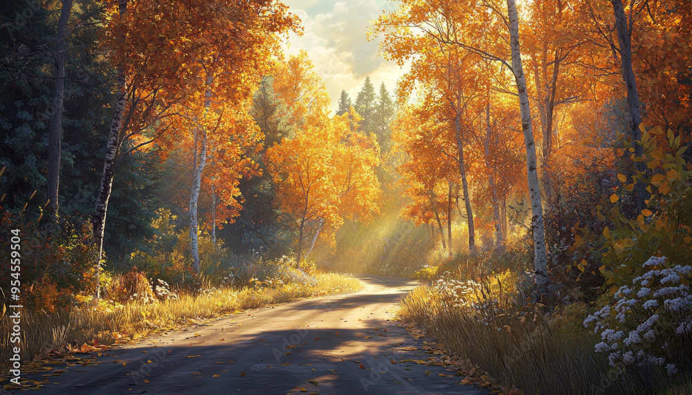 A serene autumn landscape featuring a winding road surrounded by vibrant orange and yellow foliage. A serene autumn landscape featuring a winding road surrounded by vibrant orange and yellow foliage.